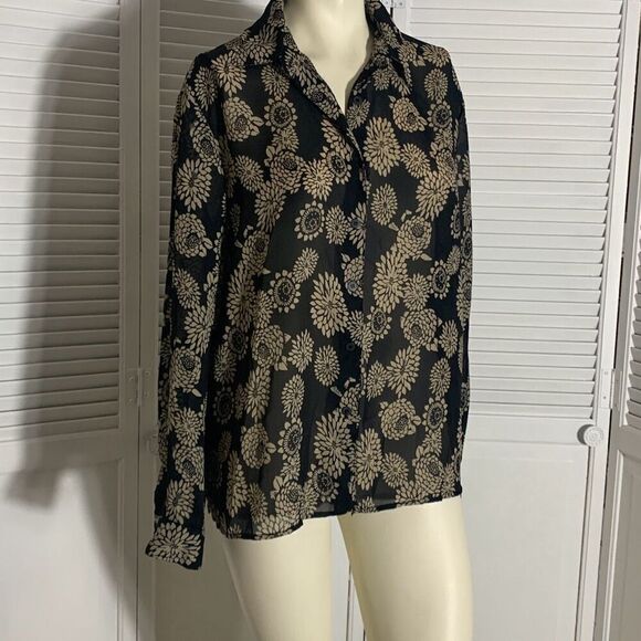 Vintage 90’s Sheer Black Floral All Over Print Button Down Long Sleeve Shirt Siz - Picture 2 of 11